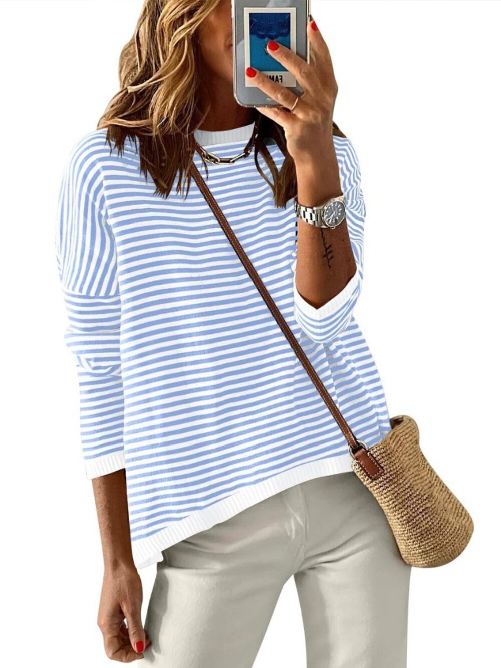 Sweaters for Women Striped Top Long Sleeve Shirts Fall Outfits